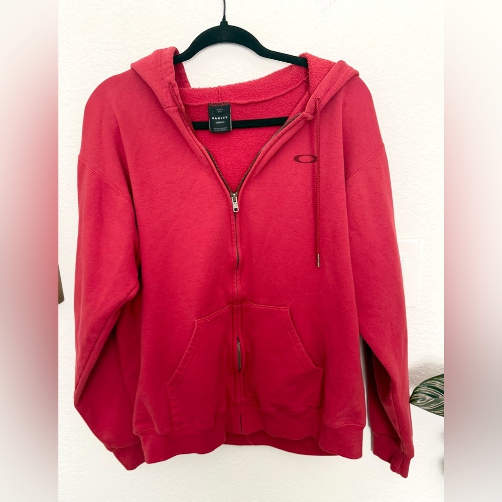 Oakley Red Fleece Hoodie Sweatshirt Full Zip Logo Graphic Size M
